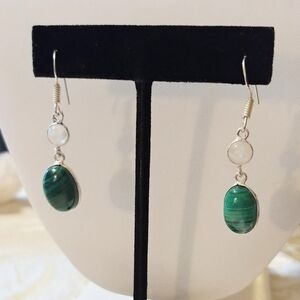 NWOT Natural Malachite & Moonston Gemstone Earrings .925 Sterling Silver Overlay